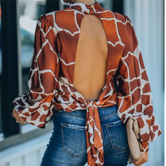 Luxxel Tops - Luxxel Brown and Cream Open-Back Tie Blouse